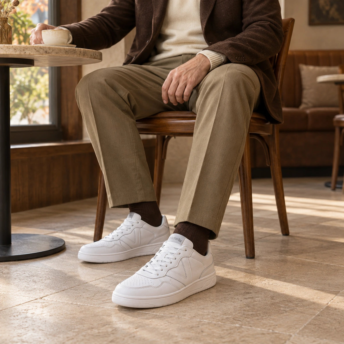 Campaña FW26: tenis Victoria 0V0001100 blancos, con pantalón beige y saco café.